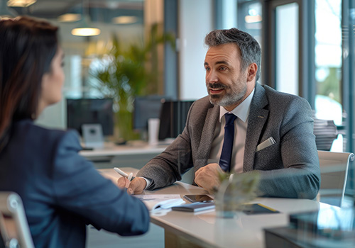 Banker, talking about wealth management opportunities at a branch.