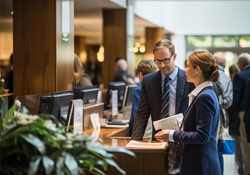 Bankers in a lobby discussing customer and member wallet share.