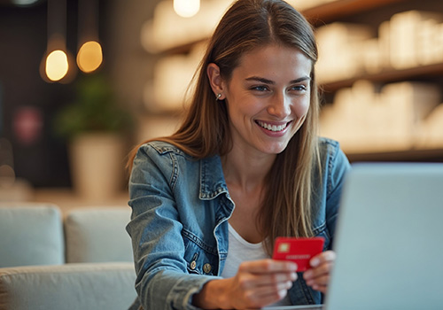 Woman reviewing her credit score using digital banking while holding her card.