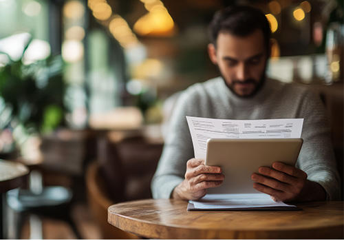 Man looking at his quarterly investment report from his private equity company.