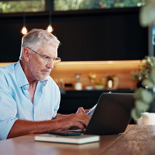 Gentleman looking at his private equity portfolio online through a custom portal.
