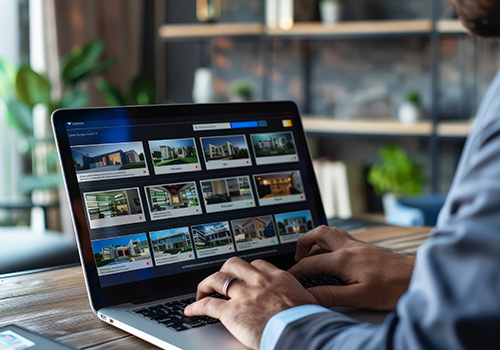 Real estate broker looking through available apartments and listings online.
